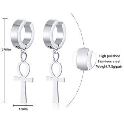 VNOX Stainless Cool Clip On Earrings Non Piercing Stainless Ankh Cross Charm Dangle Hinged Stud Earrings for Men Women Teen Gilrs Boys