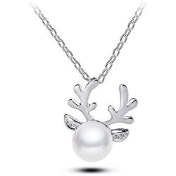 Elk Reindeer Deer Horn Pendant Necklace Simulated Pearl Stud Earrings Set for Women Girls Crystal Cute Xmas Jewelry Set