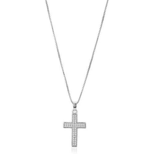 Vanbelle Stering Silver Jewelry Studded Cross Pendant-Necklace with Cubic Zirconia Stones and Rhodium Plated for Women and Girls