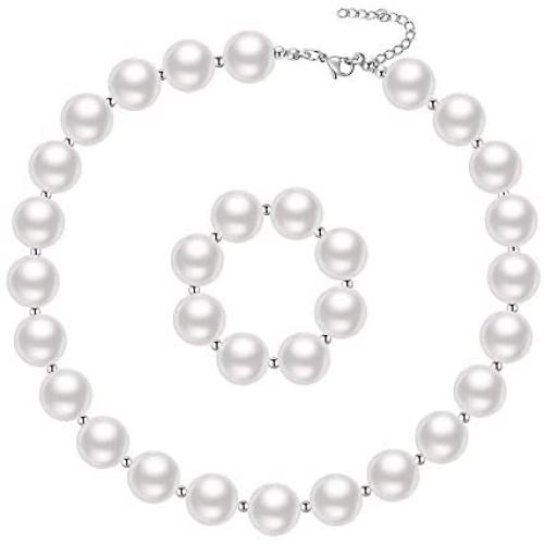 Baby Girls First Holy Communion Necklace Wedding Flower Girls Pearl Bracelet Bubblegum Chunky Bead Jewelry Set