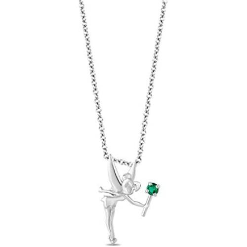 Jewelili Enchanted Disney Fine Jewelry Sterling Silver with Emerald Diamond Accent Tinker Bell Pendant