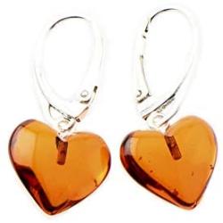 Amber Heart Earrings - Dangle Baltic Amber And Sterling Silver Earrings (Cognac)