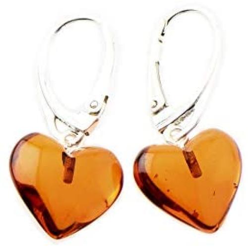 Amber Heart Earrings - Dangle Baltic Amber And Sterling Silver Earrings (Cognac)