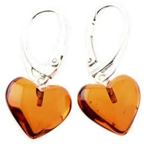 Amber Heart Earrings - Dangle Baltic Amber And Sterling Silver Earrings (Cognac) Amber Heart Earrings - Dangle Baltic Amber And Sterling Silver Earrings (Cognac)