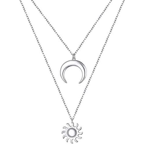 S925 Sterling Silver Moon Sun Double Layered Multilayer Choker Necklace for Women Lady