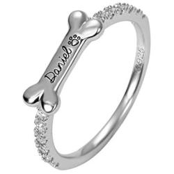 AILIN Jewelry 925 Sterling Silver Personalized Bone Shaped Name Ring Paw Printed Halo Dainty Ring Puppy Jewelry Pet Lover Rings