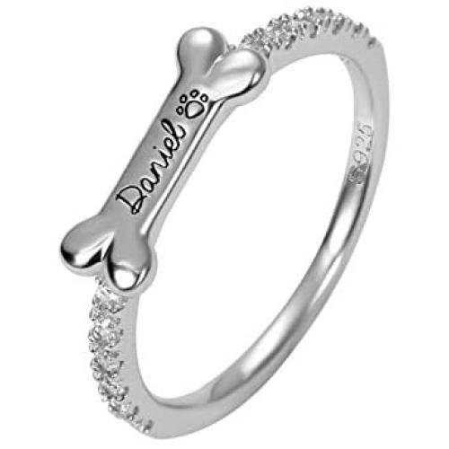 AILIN Jewelry 925 Sterling Silver Personalized Bone Shaped Name Ring Paw Printed Halo Dainty Ring Puppy Jewelry Pet Lover Rings