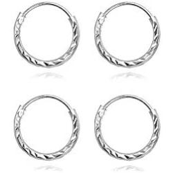 2 Pair Set Sterling Silver Diamond-Cut Tiny Small Endless Thin Round Unisex Hoop Earrings for Men Women Choose Size & Color
