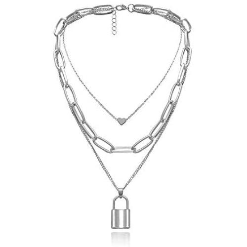 Krun Lock Necklace Y Pendant Simple Cute Heart Necklaces Long 3 Multilayer Chain Fashion Jewelry Women Girls Gift for Her