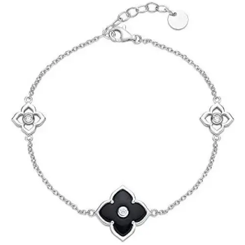 Black Onyx and Cubic Zirconia Flower Bracelet in Sterling Silver with Rhodium Plating 7-8 Inches Adjustable Lobster Claw by Lavari Jewelers