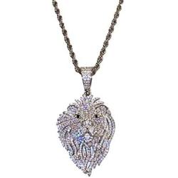 Shop-iGold Men Women 925 Italy Iced Silver Iced Lion Head Charm Ice Out Pendant Stainless Steel Real 2 mm Rope Chain Necklace, Mens Jewelry, Iced Pendant, Rope Necklace