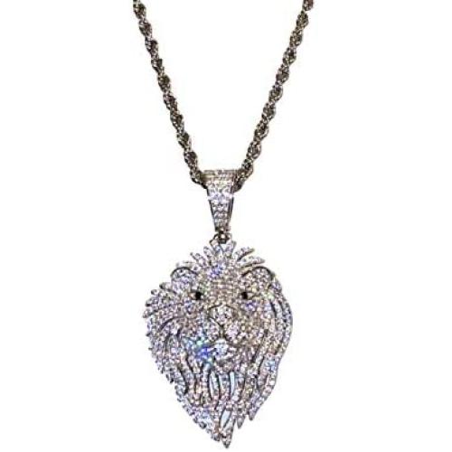 Shop-iGold Men Women 925 Italy Iced Silver Iced Lion Head Charm Ice Out Pendant Stainless Steel Real 2 mm Rope Chain Necklace, Mens Jewelry, Iced Pendant, Rope Necklace