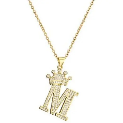 cmoonry A-Z Crown Initial Necklace for Men Women 14K Gold Plated Iced Out Monogram Pendant with 18'' Chain+2''(Extended) DIY Name Jewelry