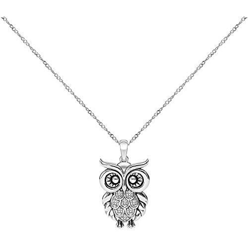 Diamond Owl Necklace for Women 925 Sterling Silver 1/10ct (I-J, I3), 18 inches, by Keepsake