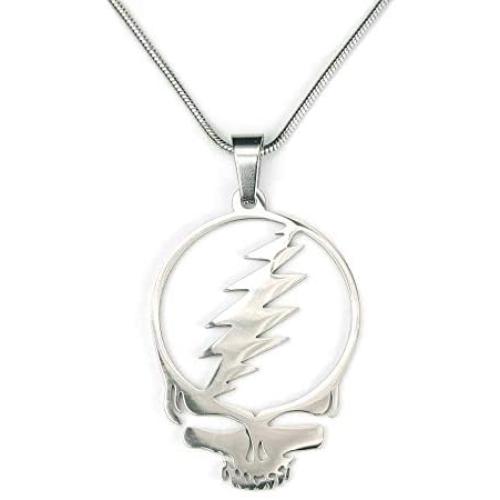 Ann Claridge Stealie Necklace, on 20'' Snake Chain, Pure 304 Stainless Steel, Grateful Dead Head Skull Lightening Bolt Charm Pendant with 20'' Long Chain (50.8cm) Smooth Snake Chain