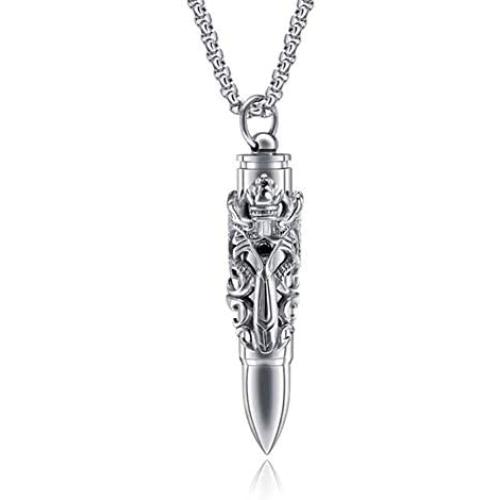 Dragon Bullet Dagger Necklace for Men or Women Stainless Steel Punk Gothic Vintage Look Mythical Pendant with Chain Fantasy Fashion Jewelry by Ginger Lyne