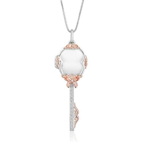 Jewelili Enchanted Disney Fine Jewelry 14K Rose Gold Over Sterling Silver 1/10Ctw Diamond Belle Key Pendant