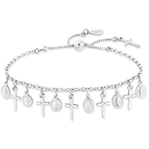 Miabella 925 Sterling Silver Italian Adjustable Bolo Dangle Rosary Cross Charm Chain Bracelet for Women Teen Girls Made in Italy