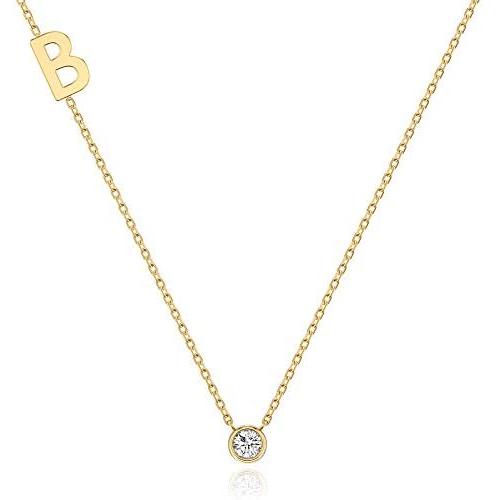 Kaiya -Sideways Initial Letter Pendant Necklace with Swarovski Crystal Cubic Zirconia, 14+2'' Premium Stainless Steel 14K Gold, Silver Plated Dainty Alphabet Initial Swarovski Crystal Choker for Women