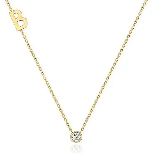 Kaiya -Sideways Initial Letter Pendant Necklace with Swarovski Crystal Cubic Zirconia, 14+2'' Premium Stainless Steel 14K Gold, Silver Plated Dainty Alphabet Initial Swarovski Crystal Choker for Women