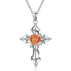 Step Forward Sterling Silver Cross Necklace for Women, Silver Rose Flower Cross Necklaces Jewelry for Girls and Friends and Mom