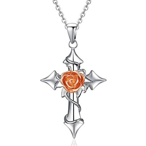 Step Forward Sterling Silver Cross Necklace for Women, Silver Rose Flower Cross Necklaces Jewelry for Girls and Friends and Mom