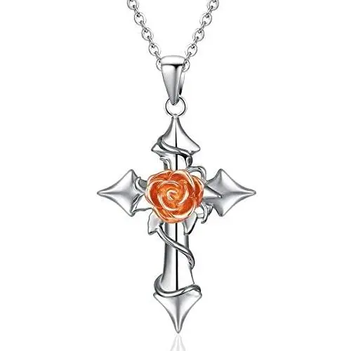 Step Forward Sterling Silver Cross Necklace for Women, Silver Rose Flower Cross Necklaces Jewelry for Girls and Friends and Mom Step Forward Sterling Silver Cross Necklace for Women, Silver Rose Flower Cross Necklaces Jewelry for Girls and Friends and Mom