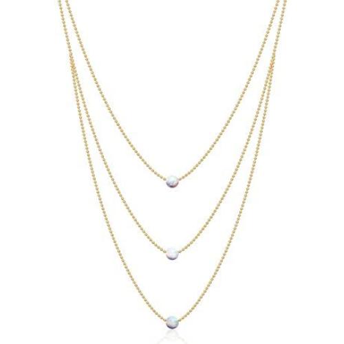 Opal Layered Gold Necklaces For Women | 14k Gold Dipped Ball Chain, 3 Tiered White Fire Opal, Gold Necklace | Dainty Opal Necklaces For Women | Celebrity Approved Opal Jewelry For Women