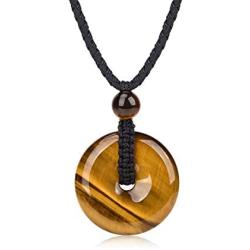 COLORFEY Tiger Eye Stone Pendant Necklace - Round Gemstone Tiger Eye Pendant Healing Energy Stone Pendant Chakra Necklace Adjustable 27''