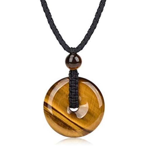 COLORFEY Tiger Eye Stone Pendant Necklace - Round Gemstone Tiger Eye Pendant Healing Energy Stone Pendant Chakra Necklace Adjustable 27''