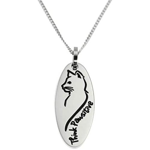 Joyful Sentiments Pet Jewelry Stainless Steel Think Pawsitive Oval Shape Cat Pendant Necklace 18 Inch Chain with 3 Inch Extender