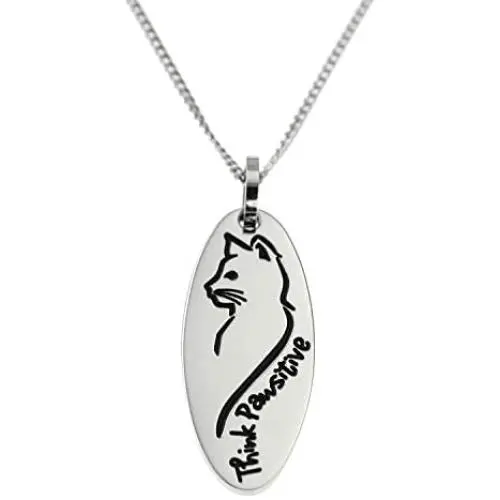 Joyful Sentiments Pet Jewelry Stainless Steel Think Pawsitive Oval Shape Cat Pendant Necklace 18 Inch Chain with 3 Inch Extender