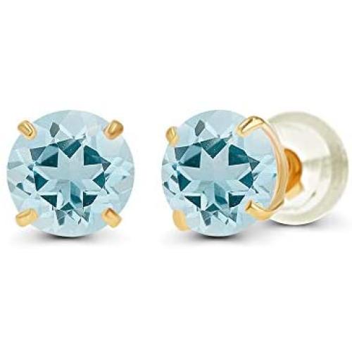 Solid 14K Yellow, White or Rose Gold 4mm Round Genuine Gemstone Birthstone Prong Set Stud Earrings For Women and Girls
