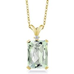 Gem Stone King Green Prasiolite and White Diamond 18K Yellow Gold Plated Silver Pendant Necklace For Women (6.62 Ct Octagon Checkerboard with 18 Inch Chain)