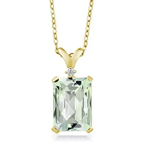 Gem Stone King Green Prasiolite and White Diamond 18K Yellow Gold Plated Silver Pendant Necklace For Women (6.62 Ct Octagon Checkerboard with 18 Inch Chain)