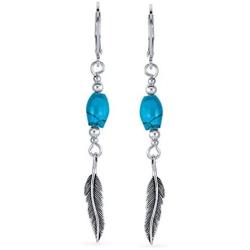 Native American Style Stabilized Turquoise Feather Leaf Leverback Dangle Earrings For Women Teen 925 Sterling Silver