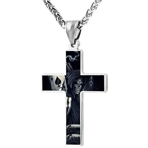 PETWIN Unisex Cool 3D Skeleton Skull Cross Chain Pendant Necklace Crucifix Religious Jewelry for Men Women