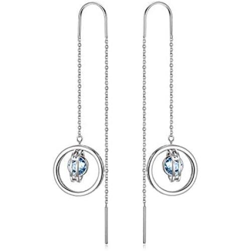 AOBOCO Sterling Silver Planet Galaxy Dangle Drop Earrings, Hypoallergenic Threader Earrings, Simulated Aquamarine Birthstone Crystal from Austria, Anniversary Birthday Jewelry Gifts for Women(Blue)
