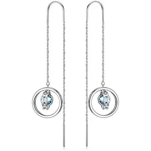AOBOCO Sterling Silver Planet Galaxy Dangle Drop Earrings, Hypoallergenic Threader Earrings, Simulated Aquamarine Birthstone Crystal from Austria, Anniversary Birthday Jewelry Gifts for Women(Blue)