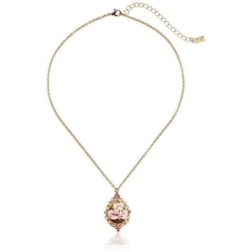 1928 Jewelry Gold-Tone Pink Crystal and Pink Porcelain Rose Adjustable Pendant Necklace, 16''