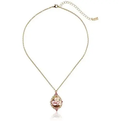 1928 Jewelry Gold-Tone Pink Crystal and Pink Porcelain Rose Adjustable Pendant Necklace, 16'' 1928 Jewelry Gold-Tone Pink Crystal and Pink Porcelain Rose Adjustable Pendant Necklace, 16''