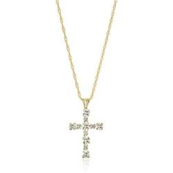 Jewelili 10kt Gold 2mm and 3mm Round Signity White Cubic Zirconia Cross Pendant Necklace, 18'' Cable Chain