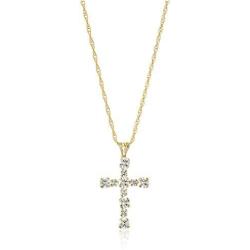 Jewelili 10kt Gold 2mm and 3mm Round Signity White Cubic Zirconia Cross Pendant Necklace, 18'' Cable Chain