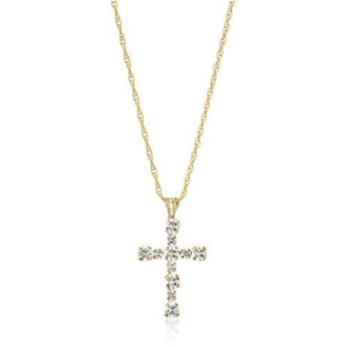 Jewelili 10kt Gold 2mm and 3mm Round Signity White Cubic Zirconia Cross Pendant Necklace, 18'' Cable Chain