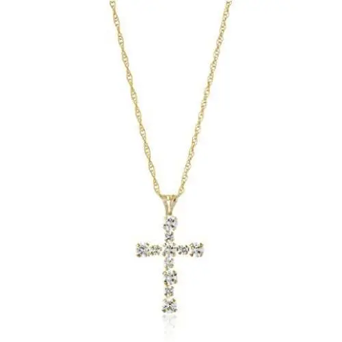 Jewelili 10kt Gold 2mm and 3mm Round Signity White Cubic Zirconia Cross Pendant Necklace, 18'' Cable Chain