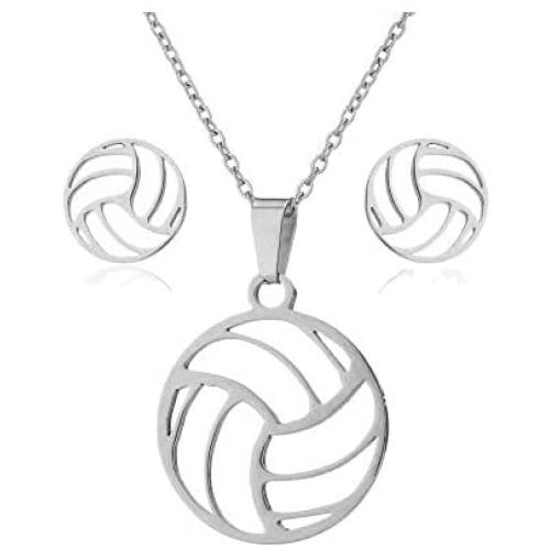 RUIZHEN Women Men Beach Volleyball Necklaces Stud Earrings Jewelry Set Basketball Necklace Stainless Steel Sports Necklace