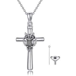 ROMANTIC WORK Owl Urn Pendant Cremation Necklace for Ashes Sterling Silver Cross Religious Jewelry Memory Gift for Women