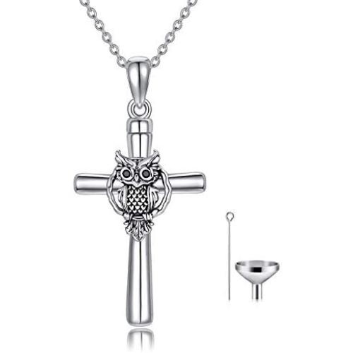 ROMANTIC WORK Owl Urn Pendant Cremation Necklace for Ashes Sterling Silver Cross Religious Jewelry Memory Gift for Women