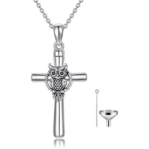 ROMANTIC WORK Owl Urn Pendant Cremation Necklace for Ashes Sterling Silver Cross Religious Jewelry Memory Gift for Women