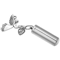HooAMI Angel Wing Charm & Cylinder Memorial Urn Necklace Stainless Steel Cremation Jewelry